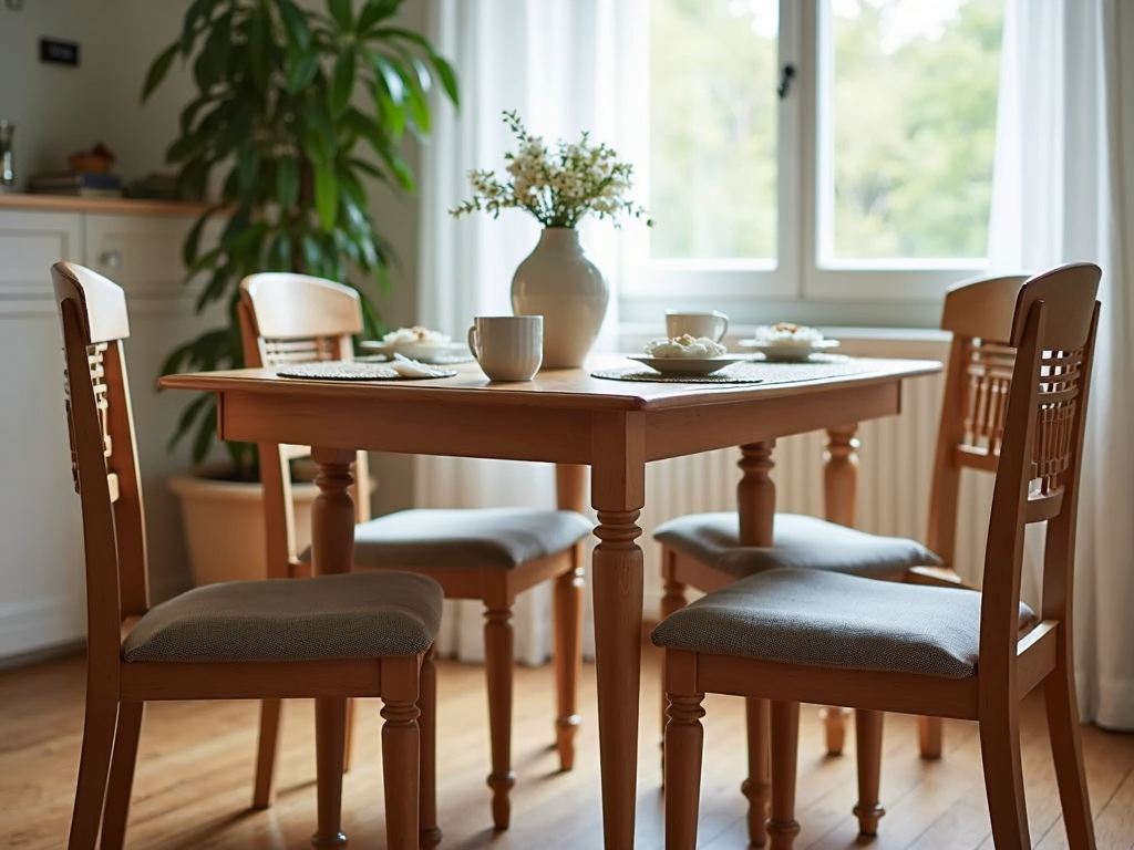 A dining table and chairs in a bright, welcoming room.