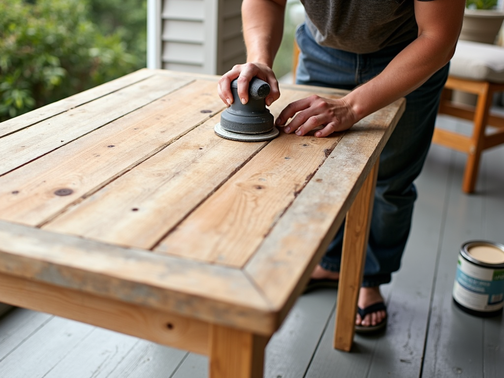 Person sanding a wooden outdoor table for refinishing