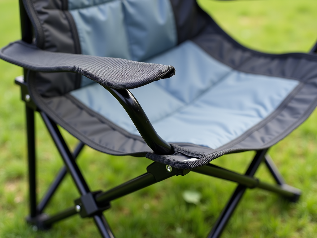 Close-up of a durable foldable chair on grass, showcasing its padded seat.