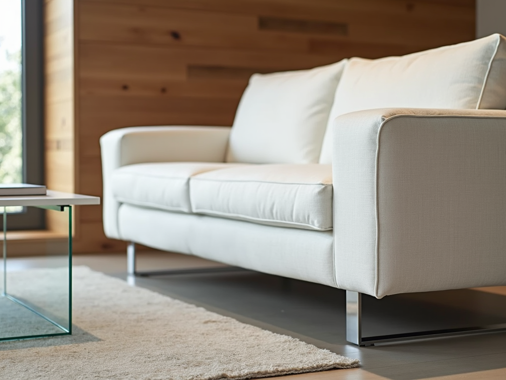 Modern living room with white sofa and glass coffee table
