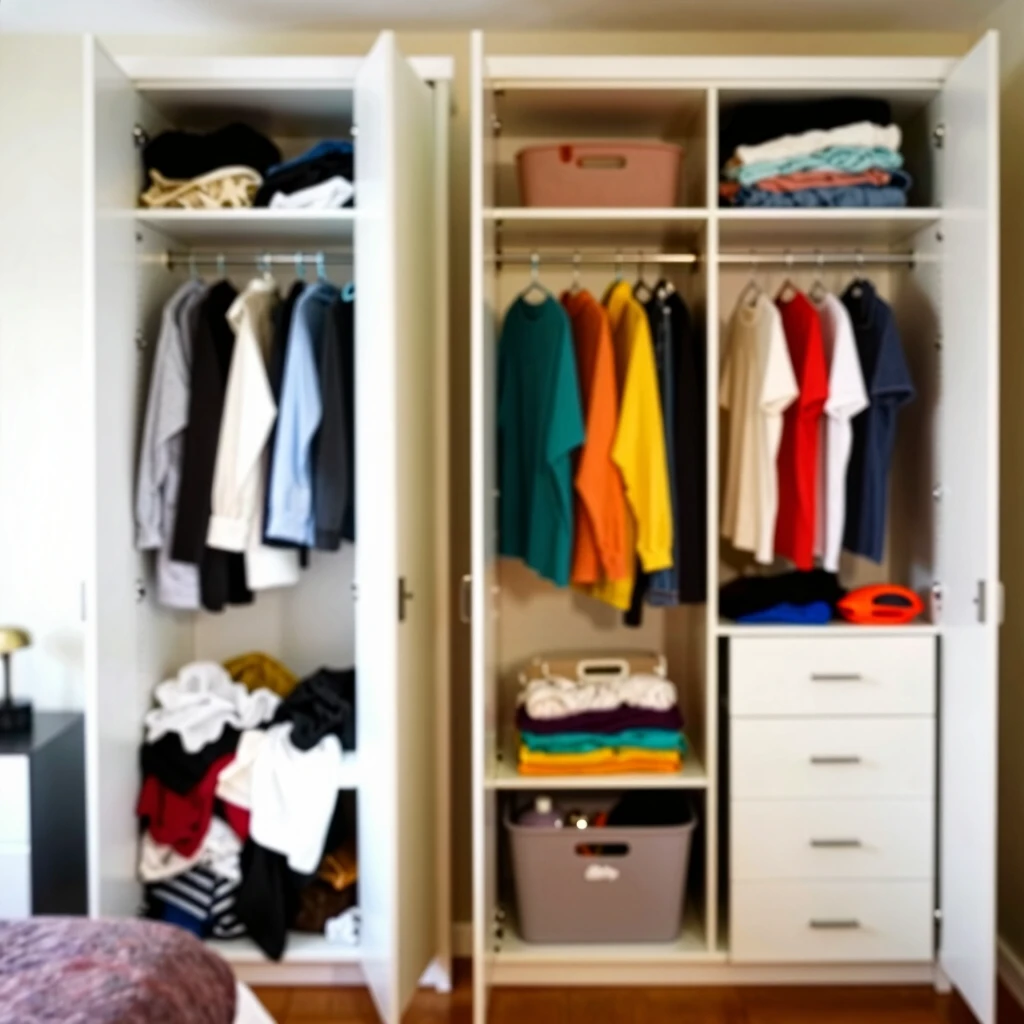 Before and after view of an organized armoire