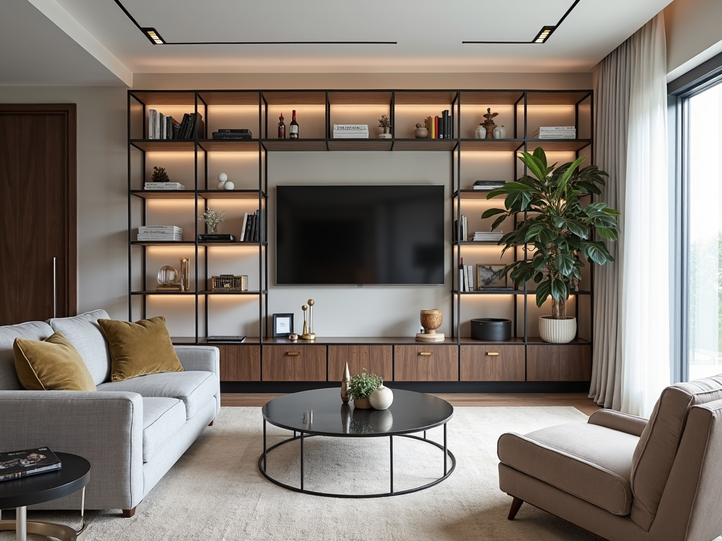 A contemporary living space with a stylish metal bookshelf.