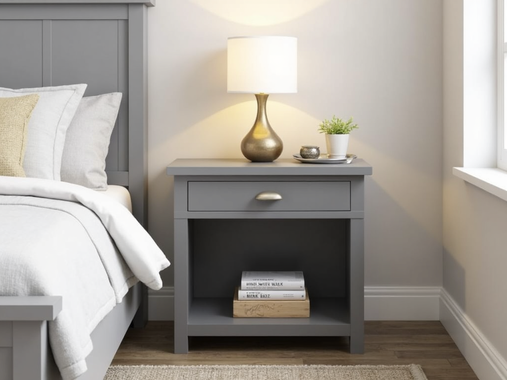 Wooden nightstand with lamp and book