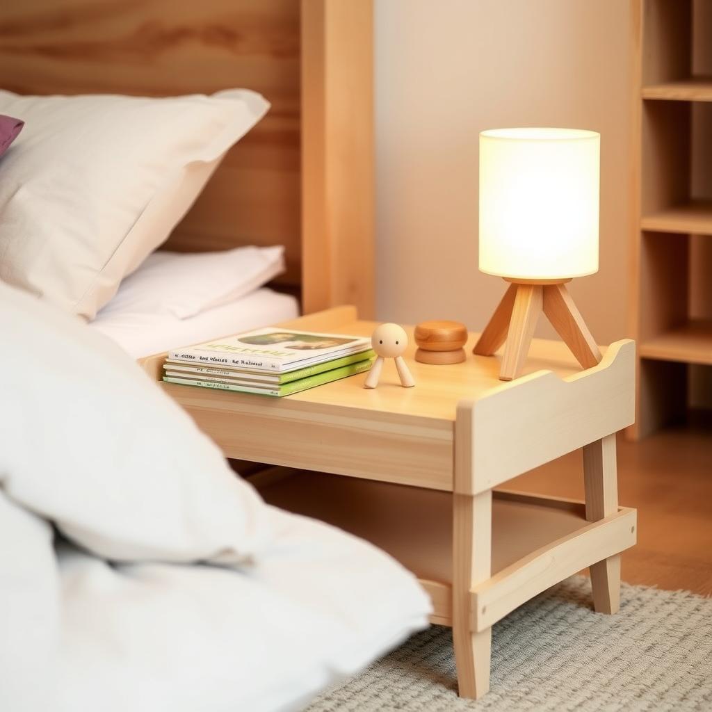 Child’s wooden nightstand with books, toy, and lamp in a Montessori bedroom