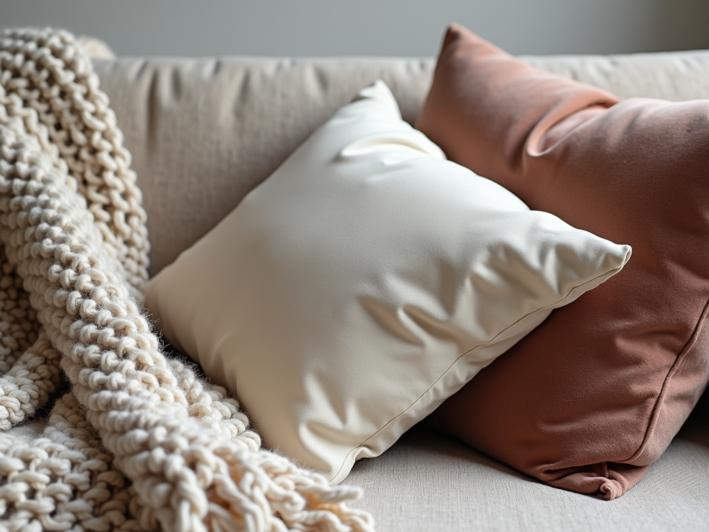 Layered textiles on a sofa, featuring a knit throw, silk pillow, and velvet cushion.