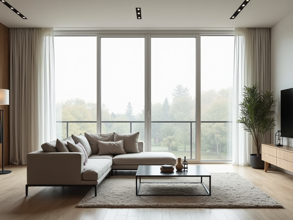Minimalist modern living room with sleek furniture and neutral tones