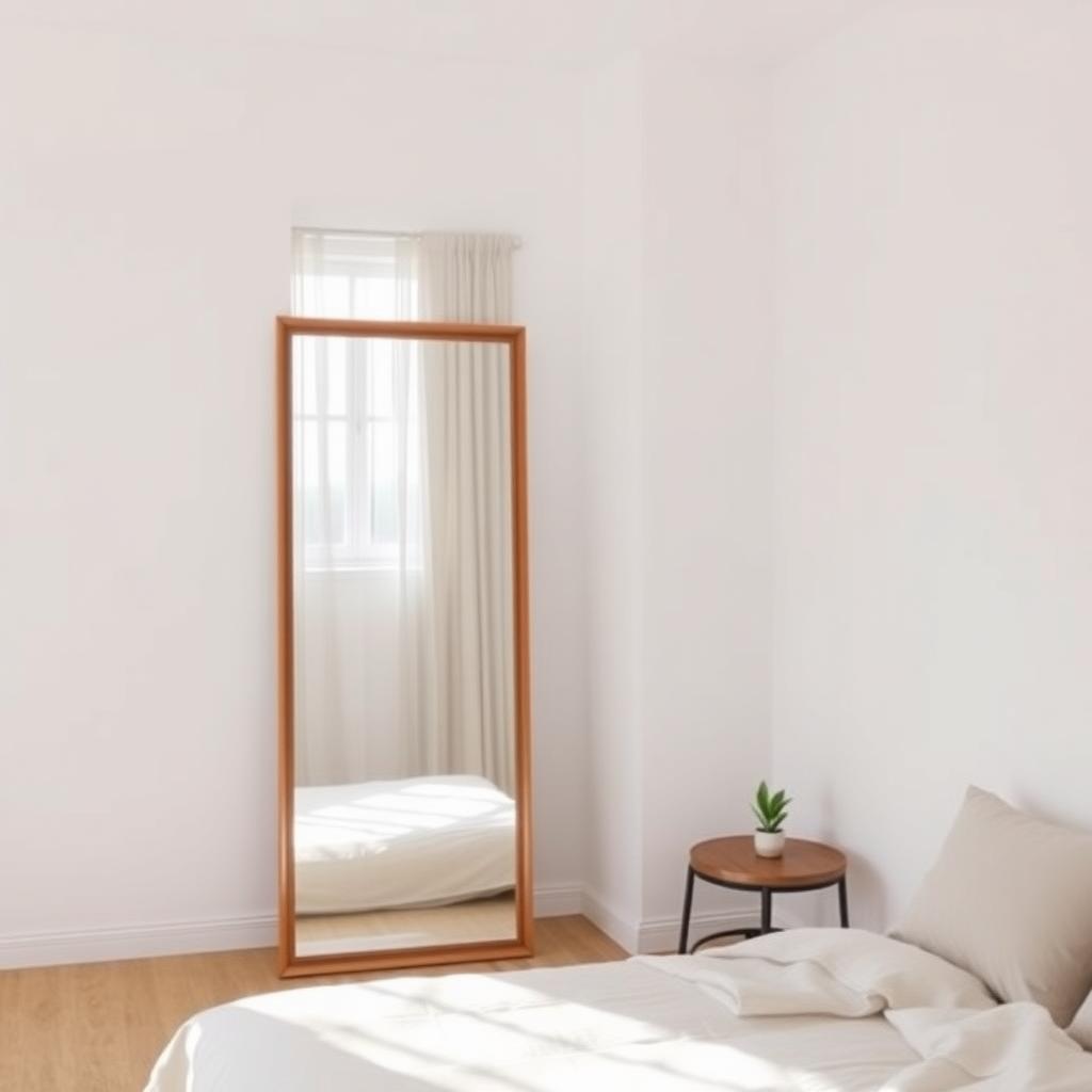 Small bedroom with a large mirror reflecting light to create a spacious feel.