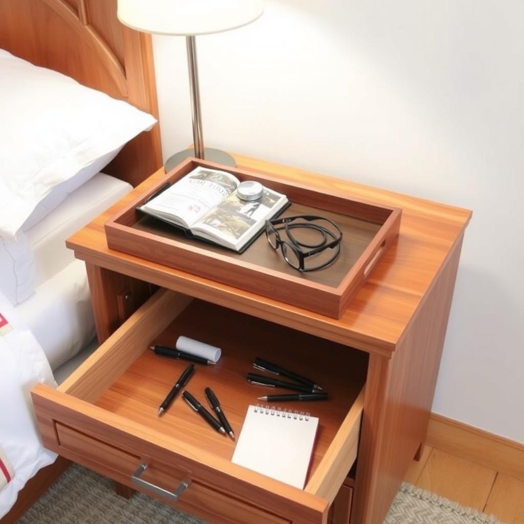 Organized nightstand with tray and drawer.