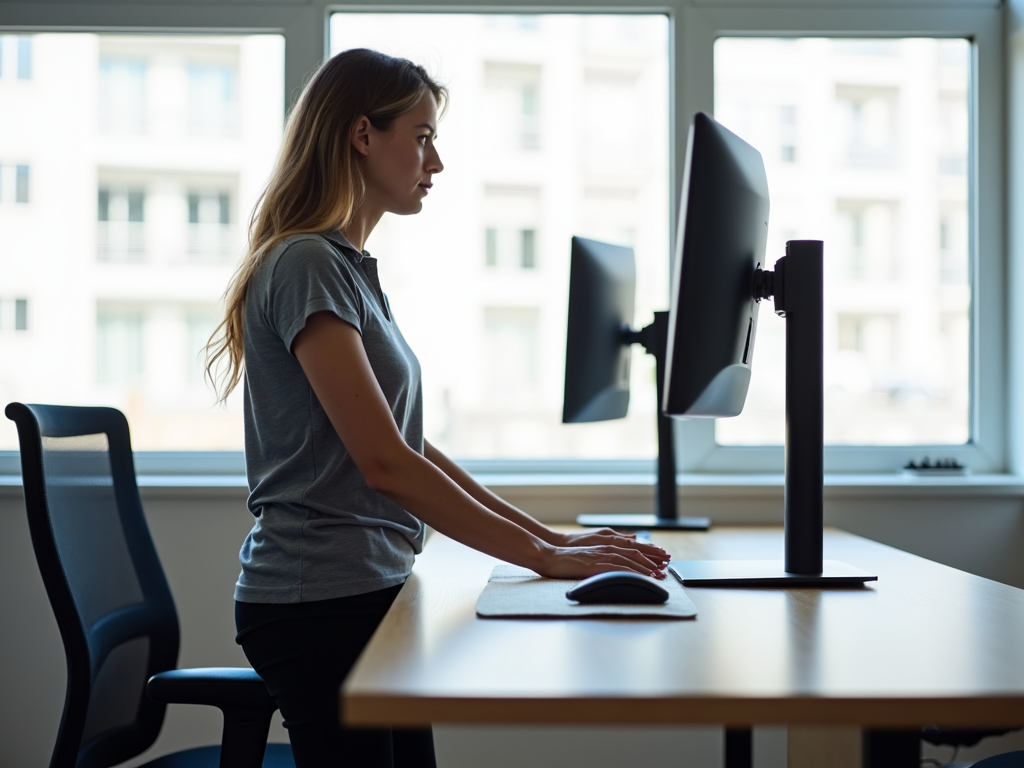 Person adjusting standing desk height in an office