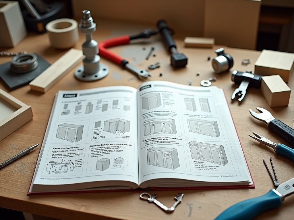 Tools and small parts around an instruction manual on cabinet assembly.