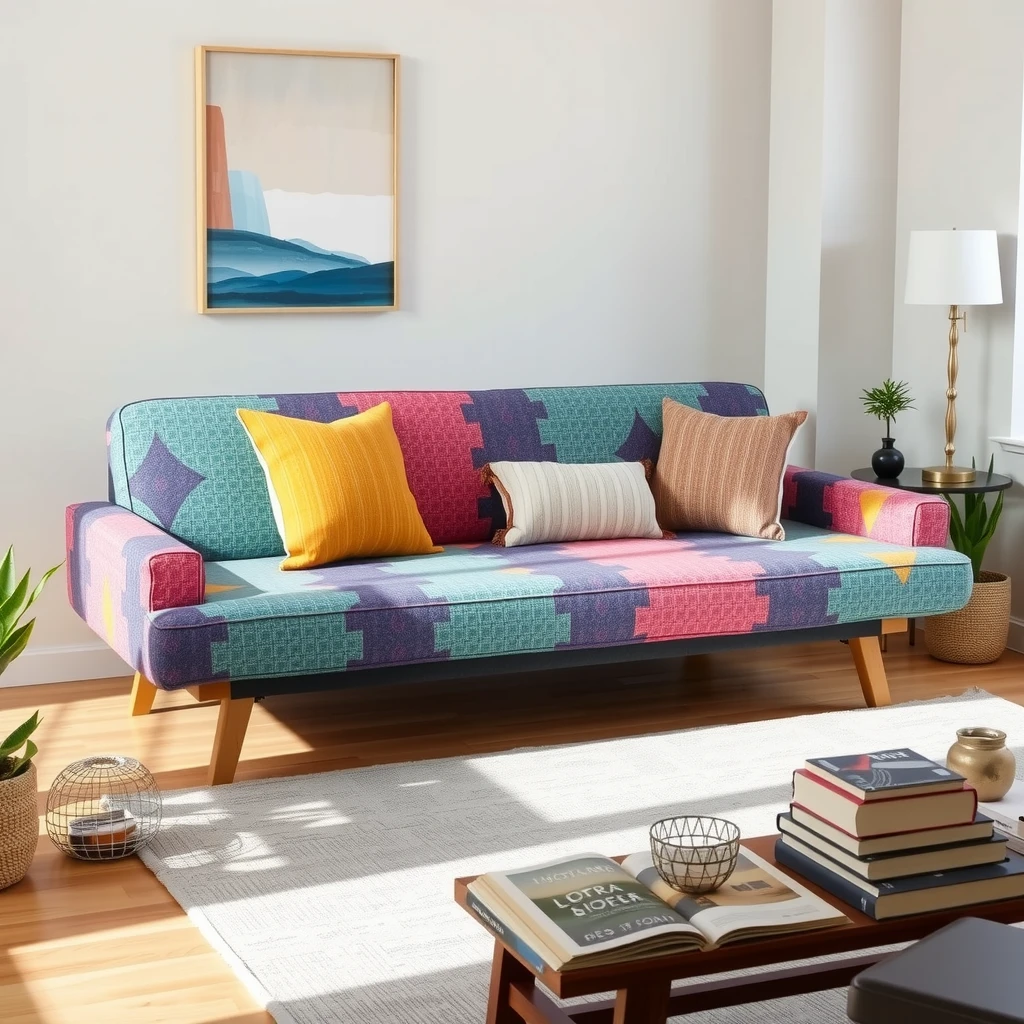 Stylish futon sofa bed with colorful customizable cover in a studio apartment
