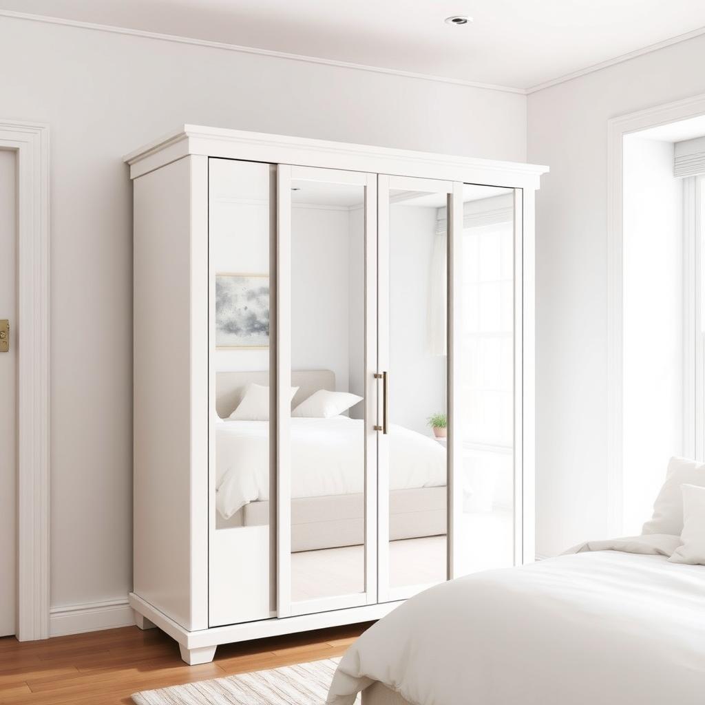 White modern armoire with mirrored doors in a bright, airy bedroom.