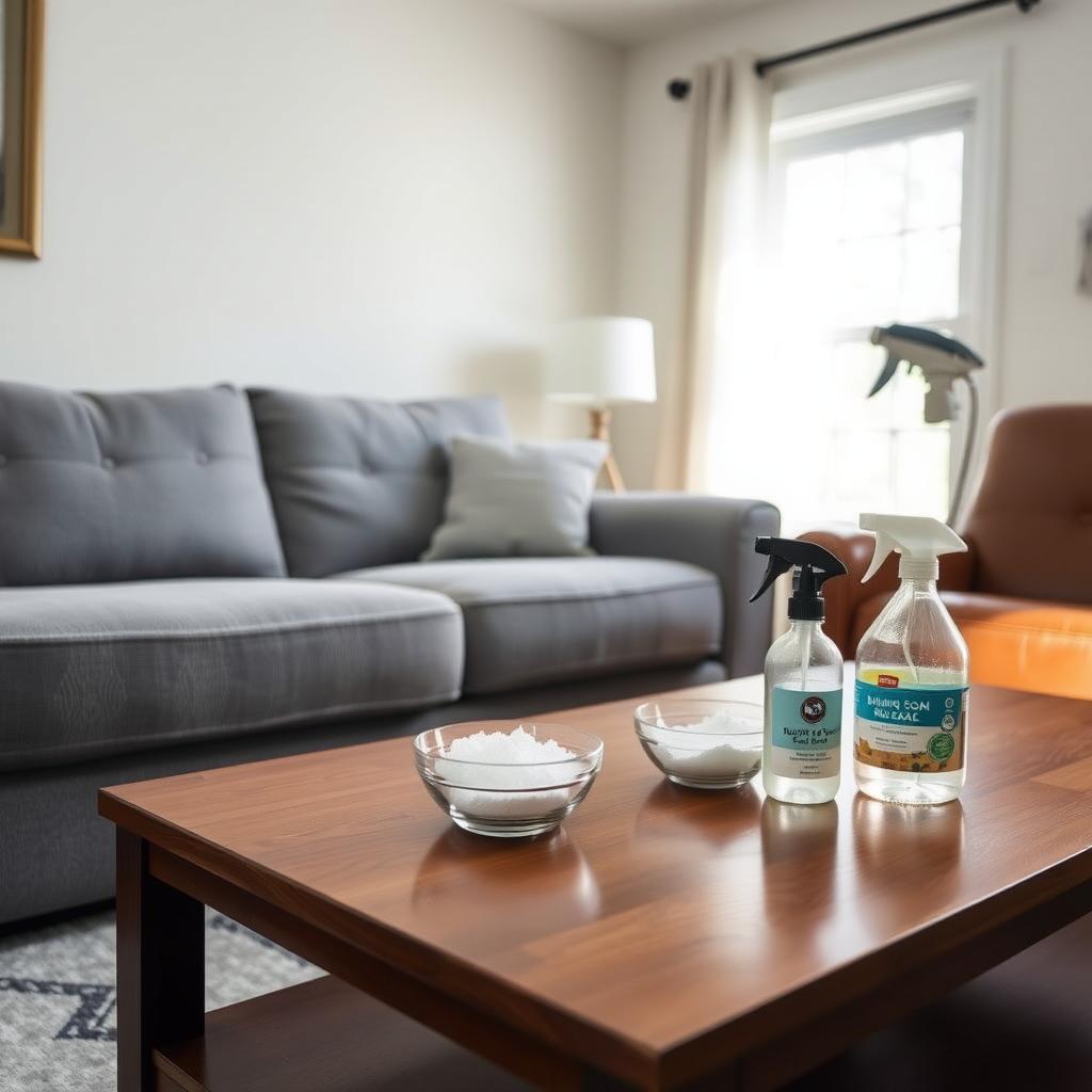 Living room with clean fabric sofa, wooden table, and leather armchair, featuring natural cleaning supplies.