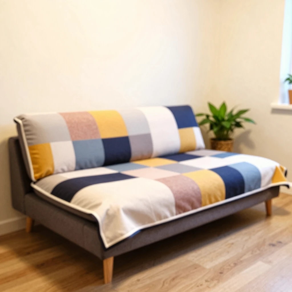 Futon sofa bed with customizable stylish cover in a cozy bedroom setting