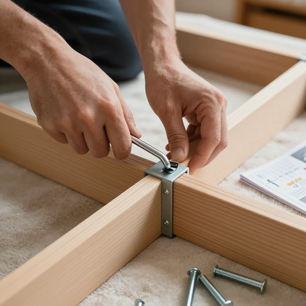 Hands securely connecting futon frame sides during assembly