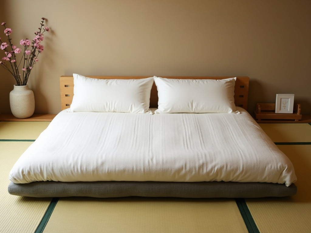 Traditional Japanese futon on tatami mat.