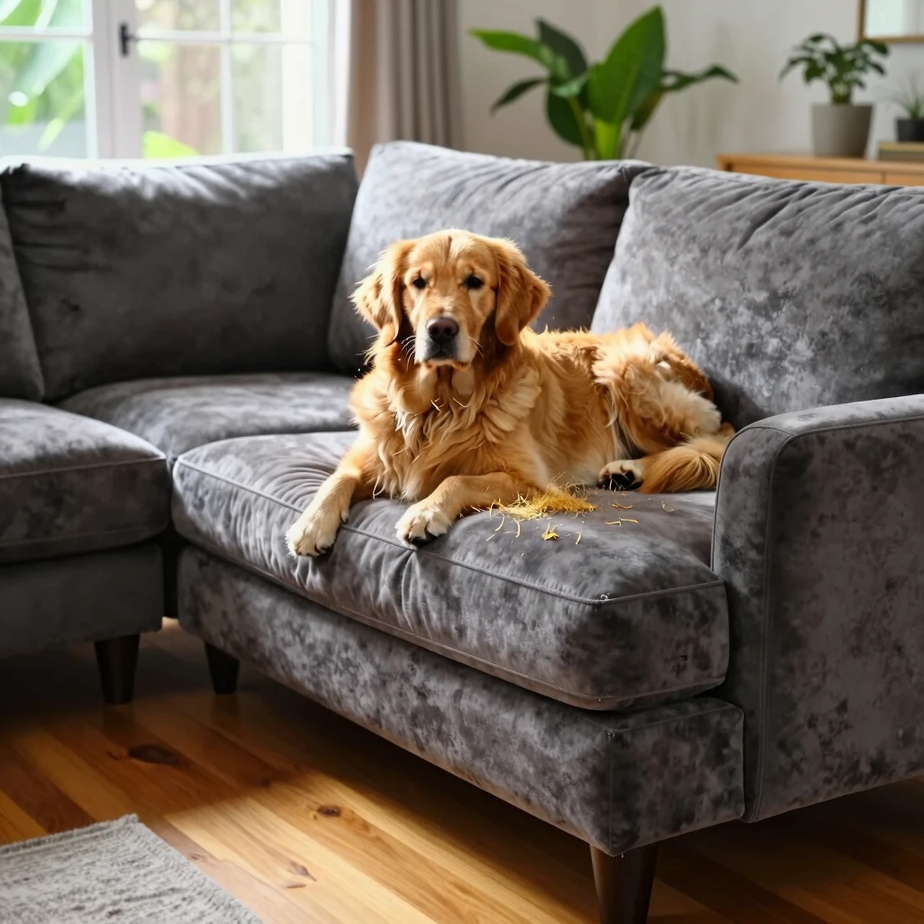 Golden retriever relaxing on pet-friendly microfiber sofa in sunny living room