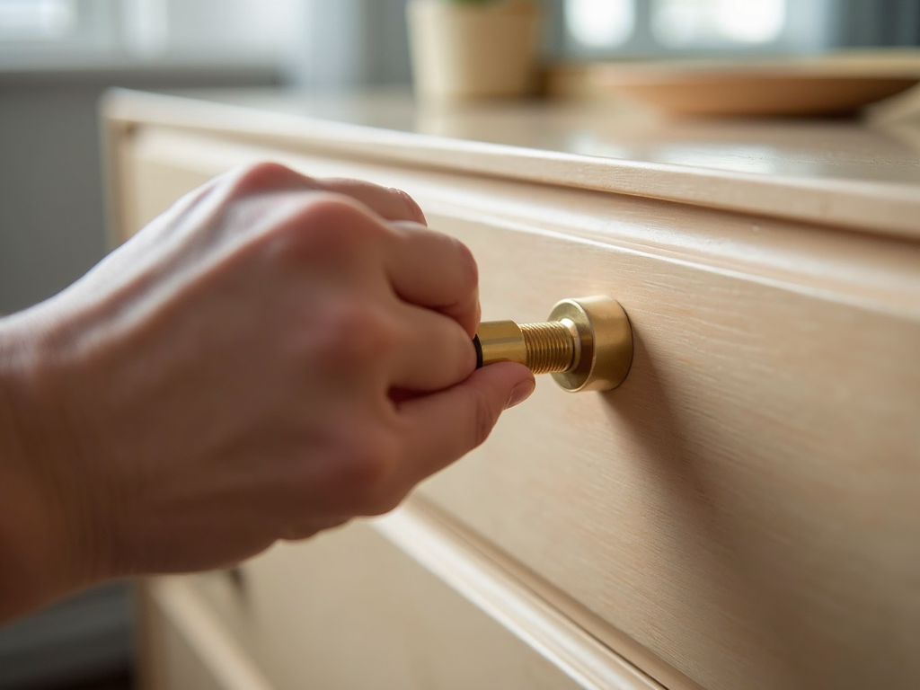 Adding handles to dresser drawers.