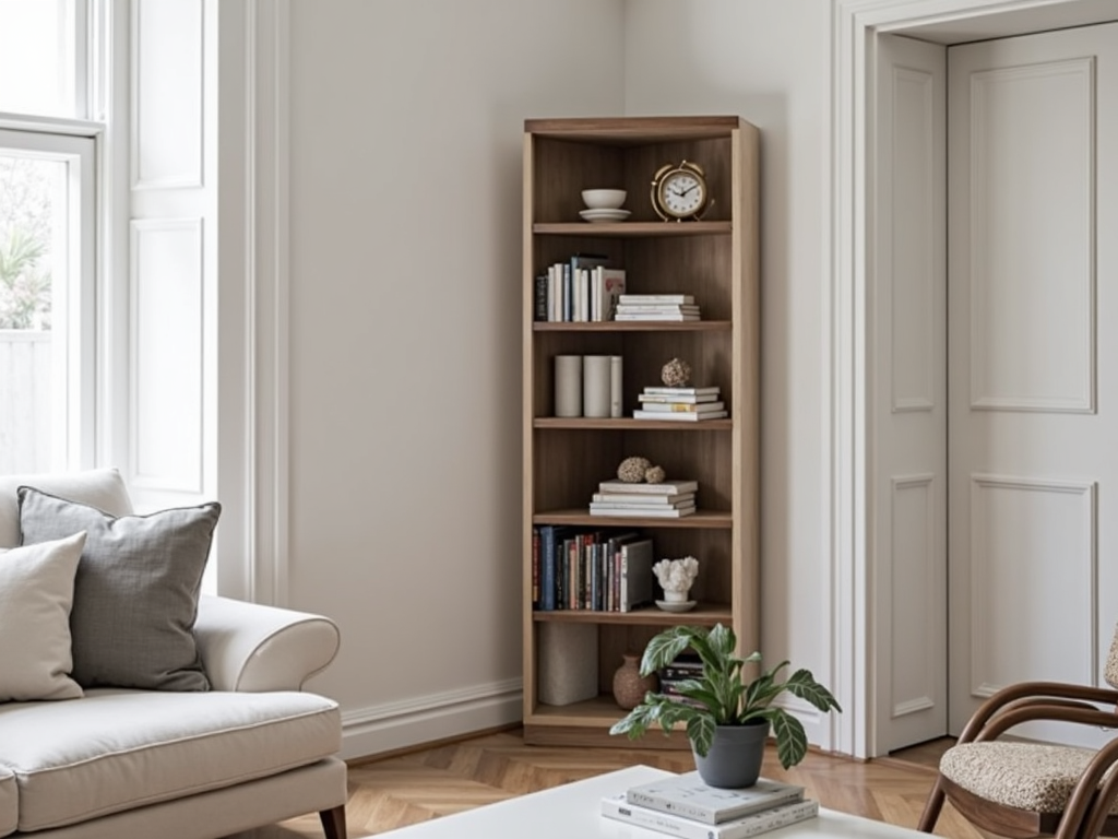 Corner shelf unit in a compact living room