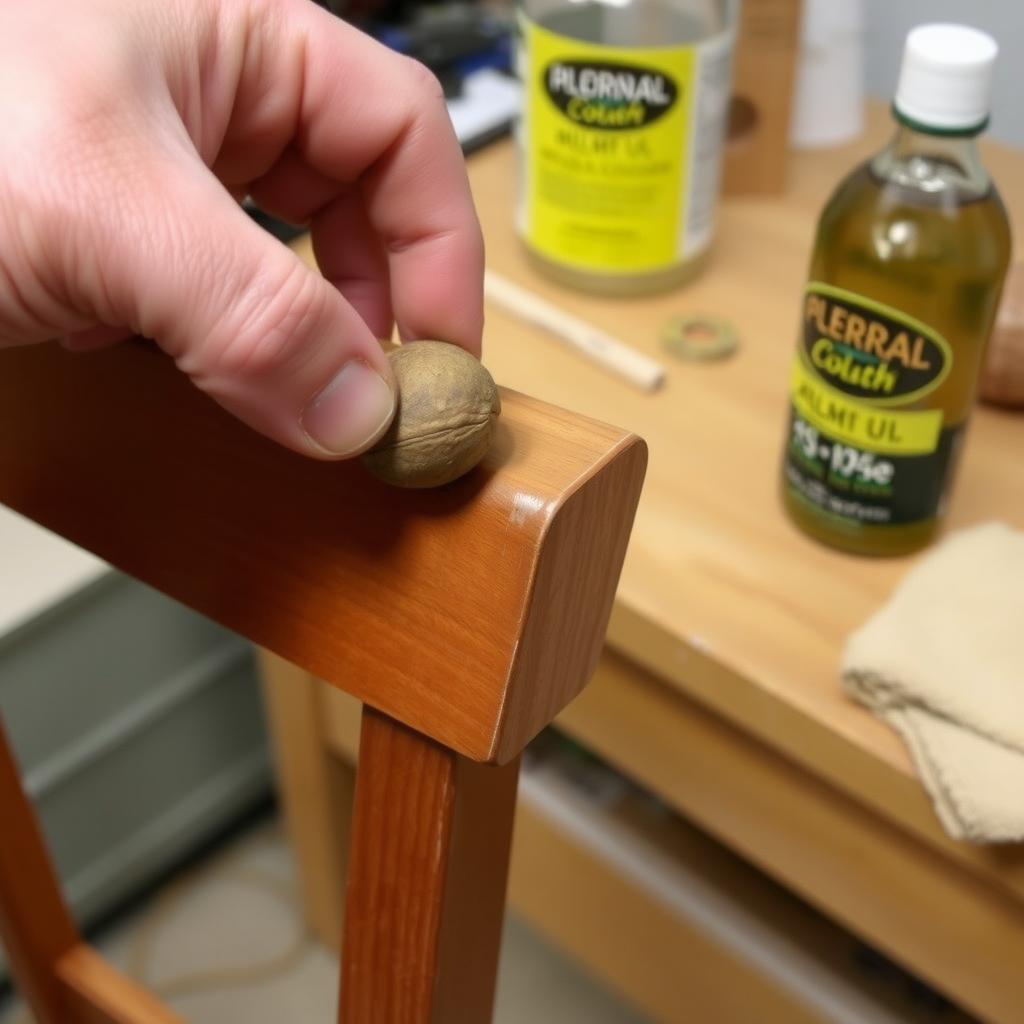 Person repairing a scratch on a wooden chair armrest with a walnut.