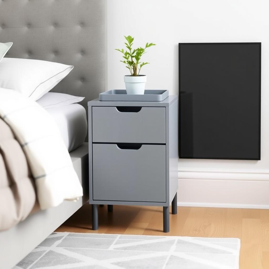 Sleek gray nightstand in a modern kids’ bedroom with a drawer, pull-out tray, and potted plant, next to a low platform bed.