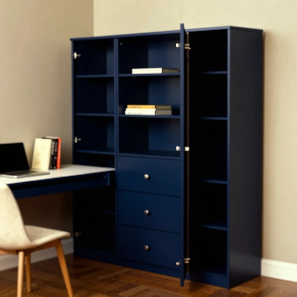 Multifunctional navy armoire with fold-out desk in home office