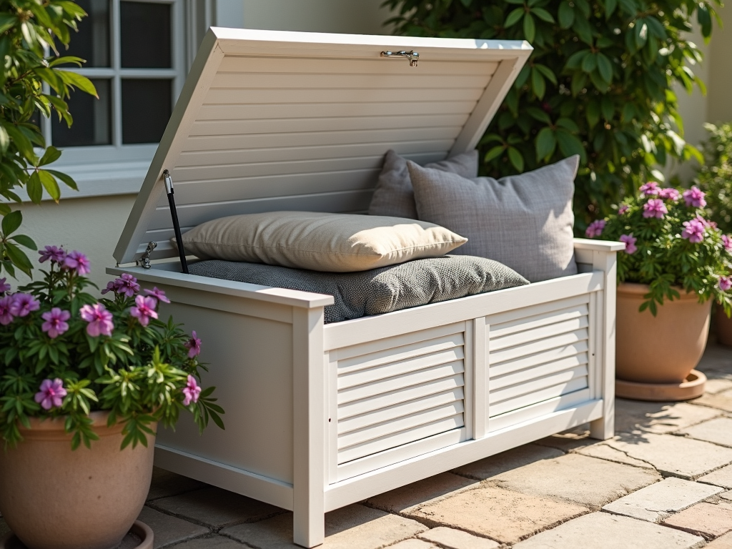 A storage bench on a patio, providing both seating and storage.