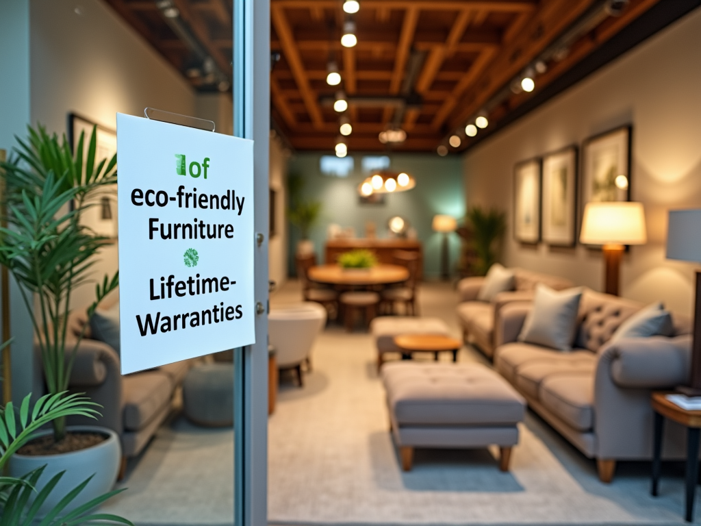 A shield with the text 'Lifetime Warranty' overlaying an image of eco-friendly furniture in a showroom.