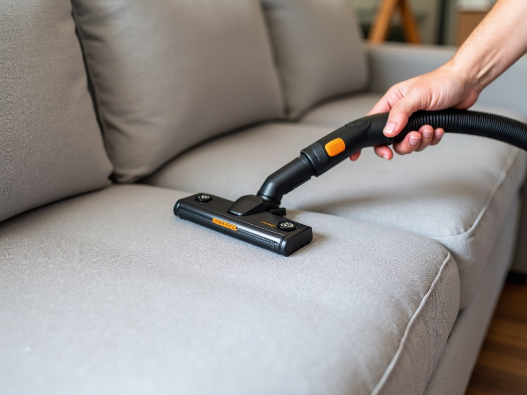 Vacuuming upholstery to remove dust and debris.