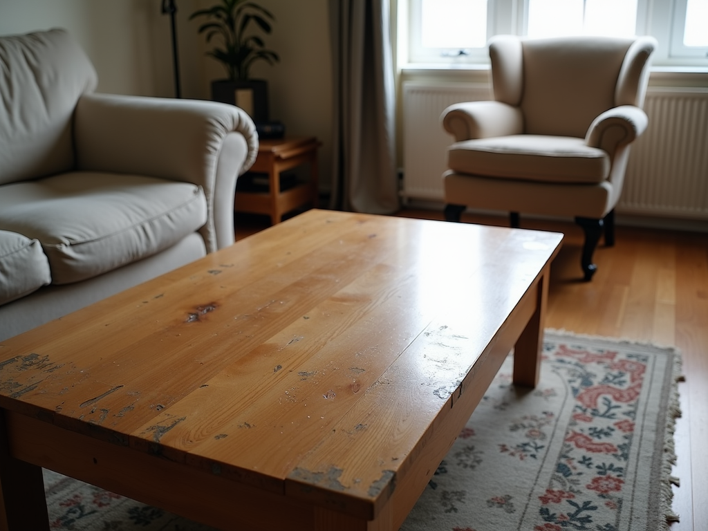 Living room with furniture showing common wear and tear