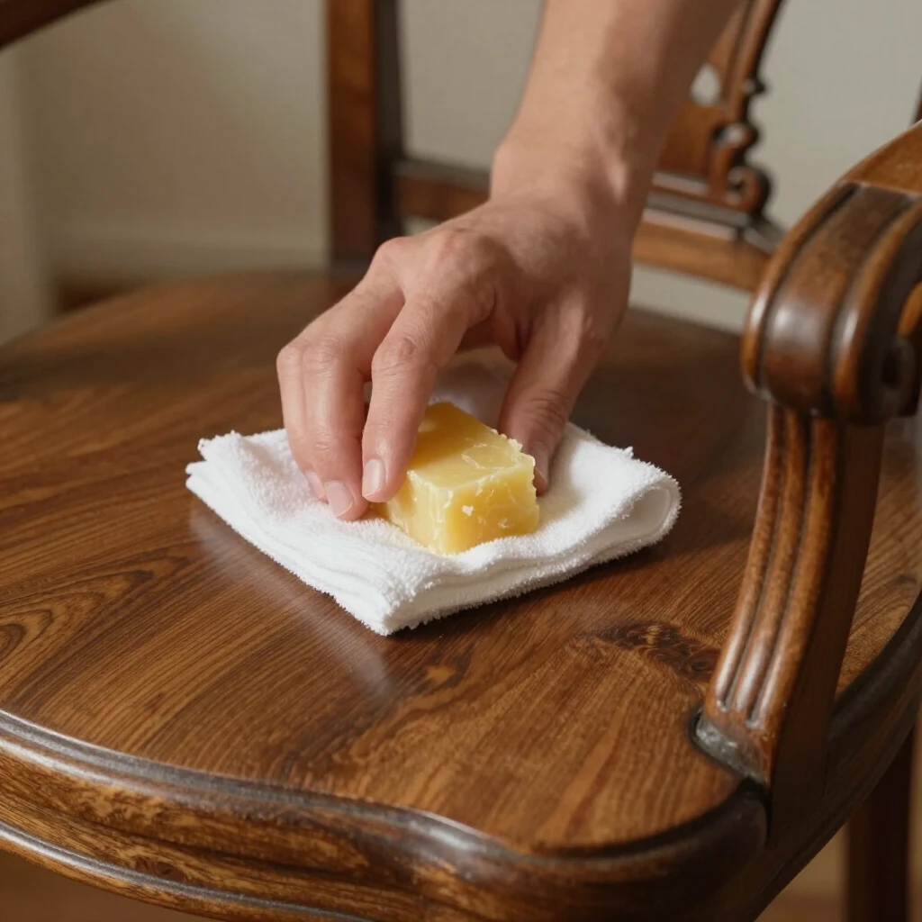 Person polishing a wooden chair with natural polish