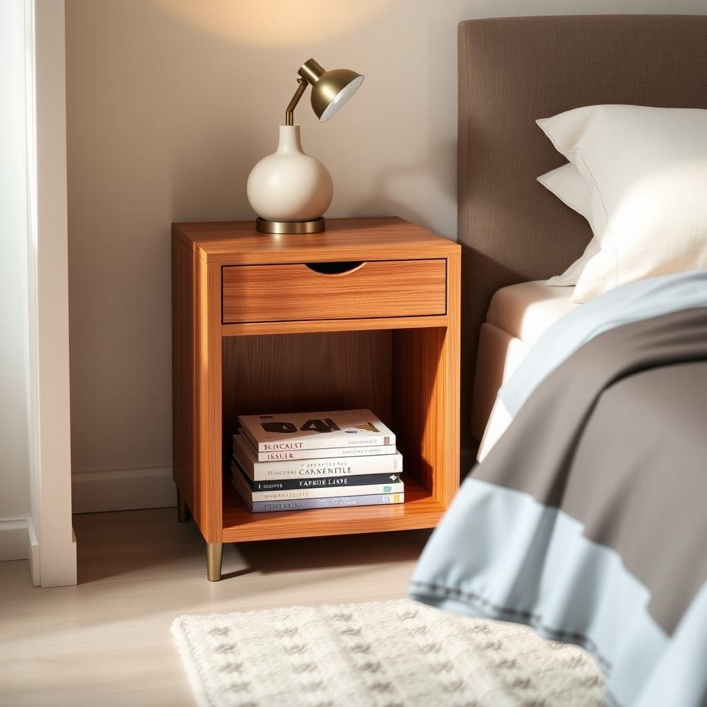 Modern bedroom with a minimalist wooden nightstand next to a platform bed, featuring a drawer, open shelf with books, and a ceramic lamp.