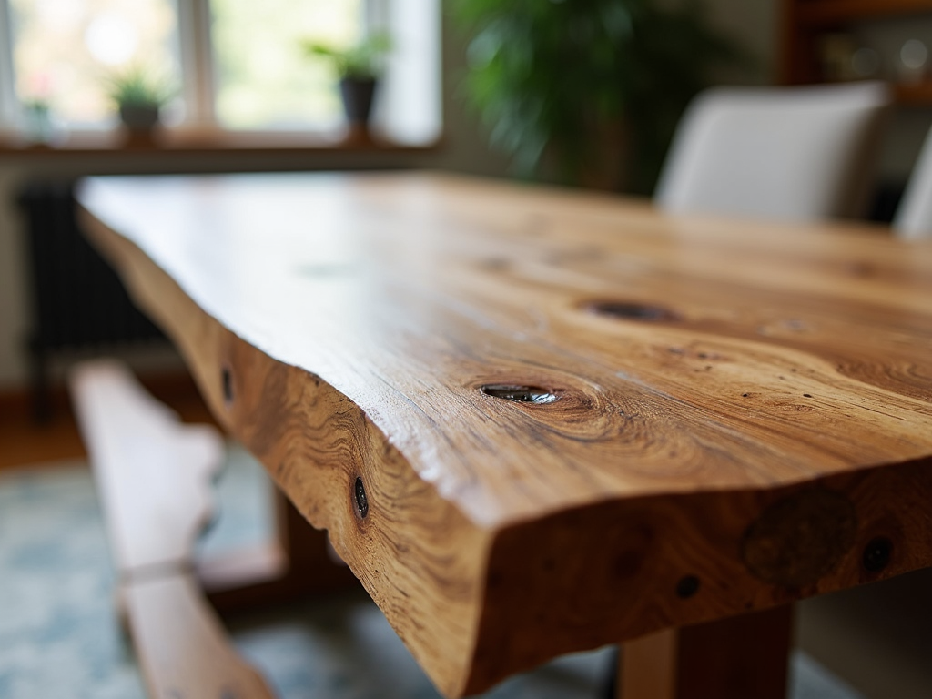 A reclaimed wood dining table with natural wood grain and unique character.