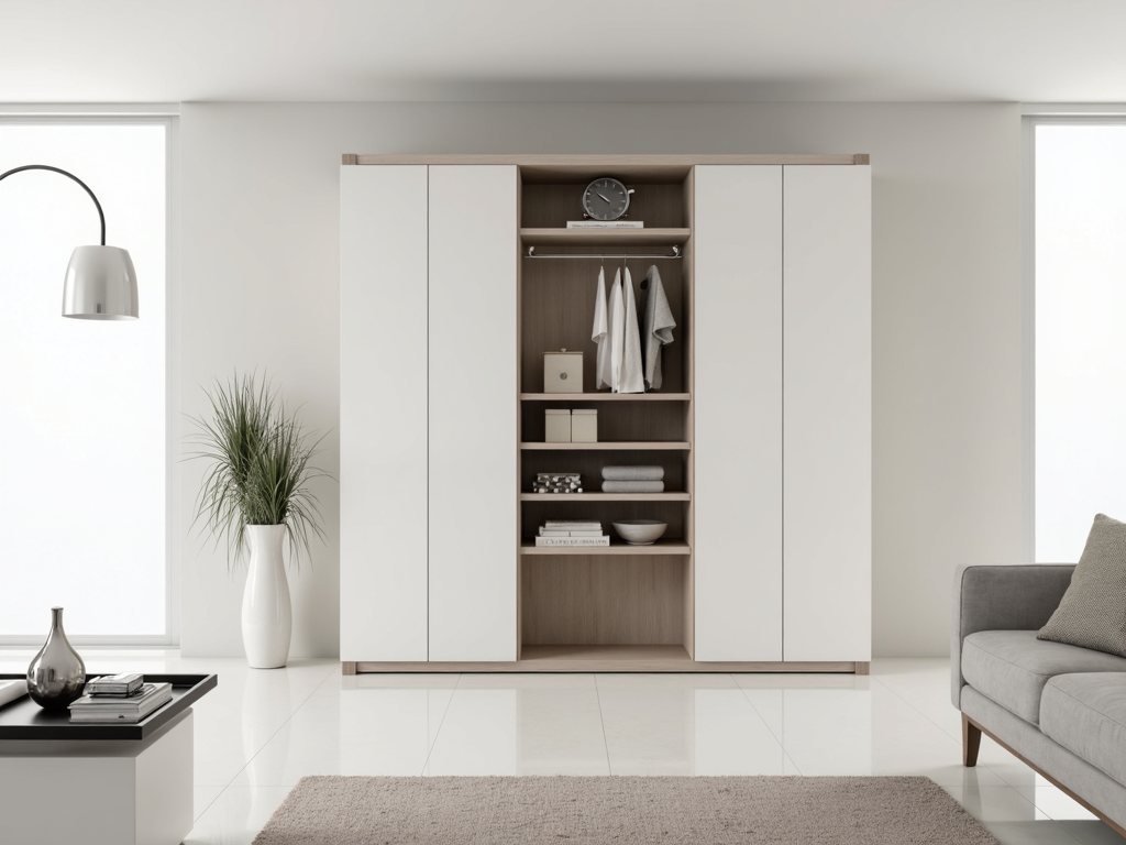 A modern armoire in a minimalist living room with open shelves displaying organized items.