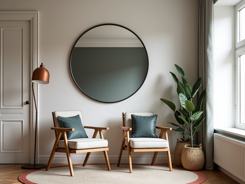 Small living area with mirror and foldable chairs.