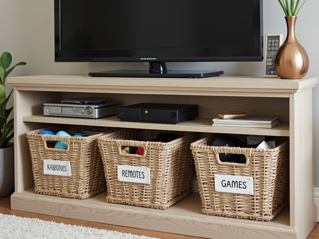 Living room cabinet with labeled baskets for easy access.