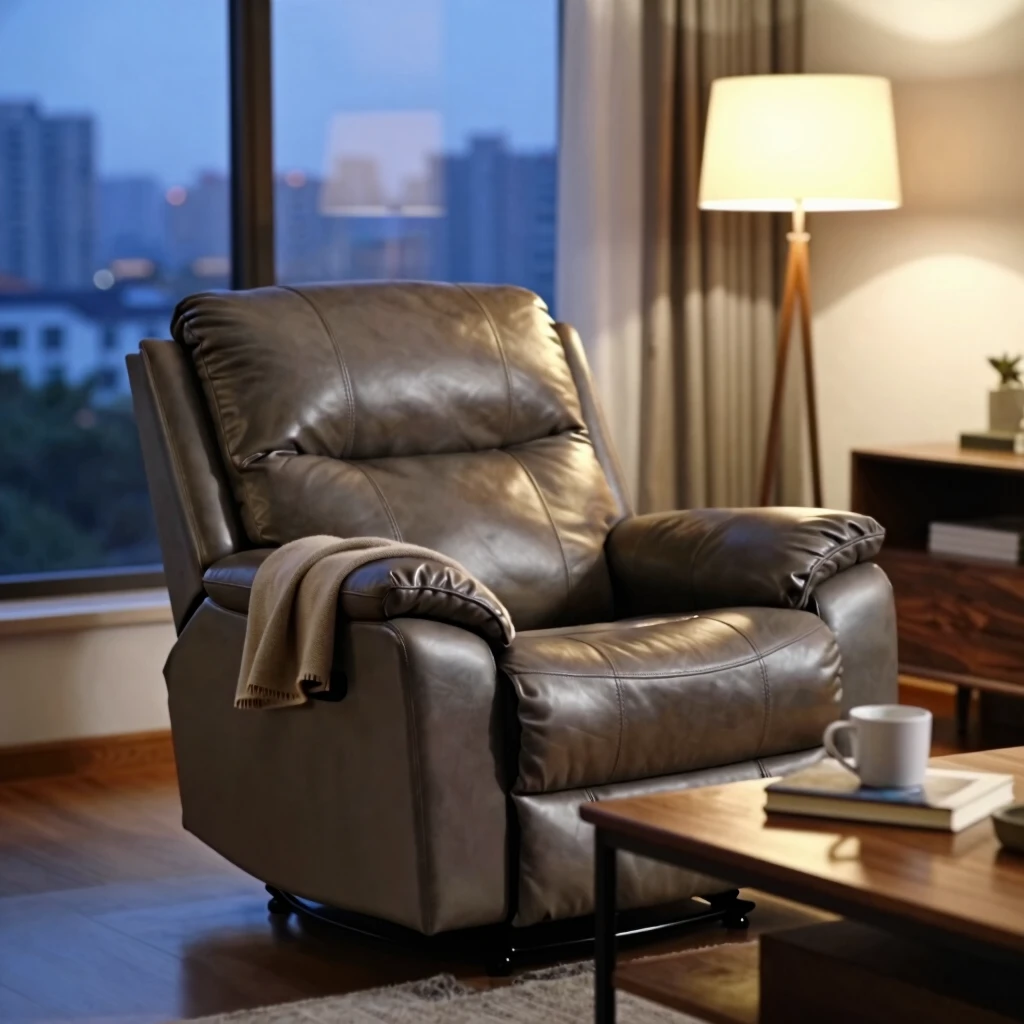 A well-maintained leather recliner in a cozy living room setting