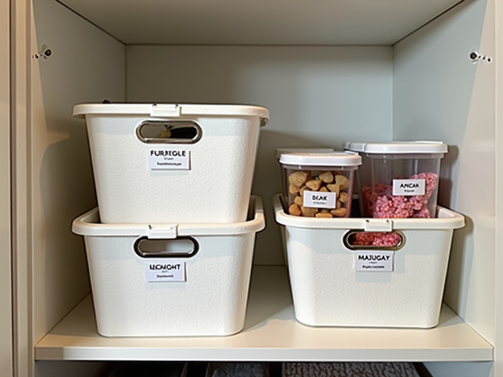 Labeled storage bins in a closet.