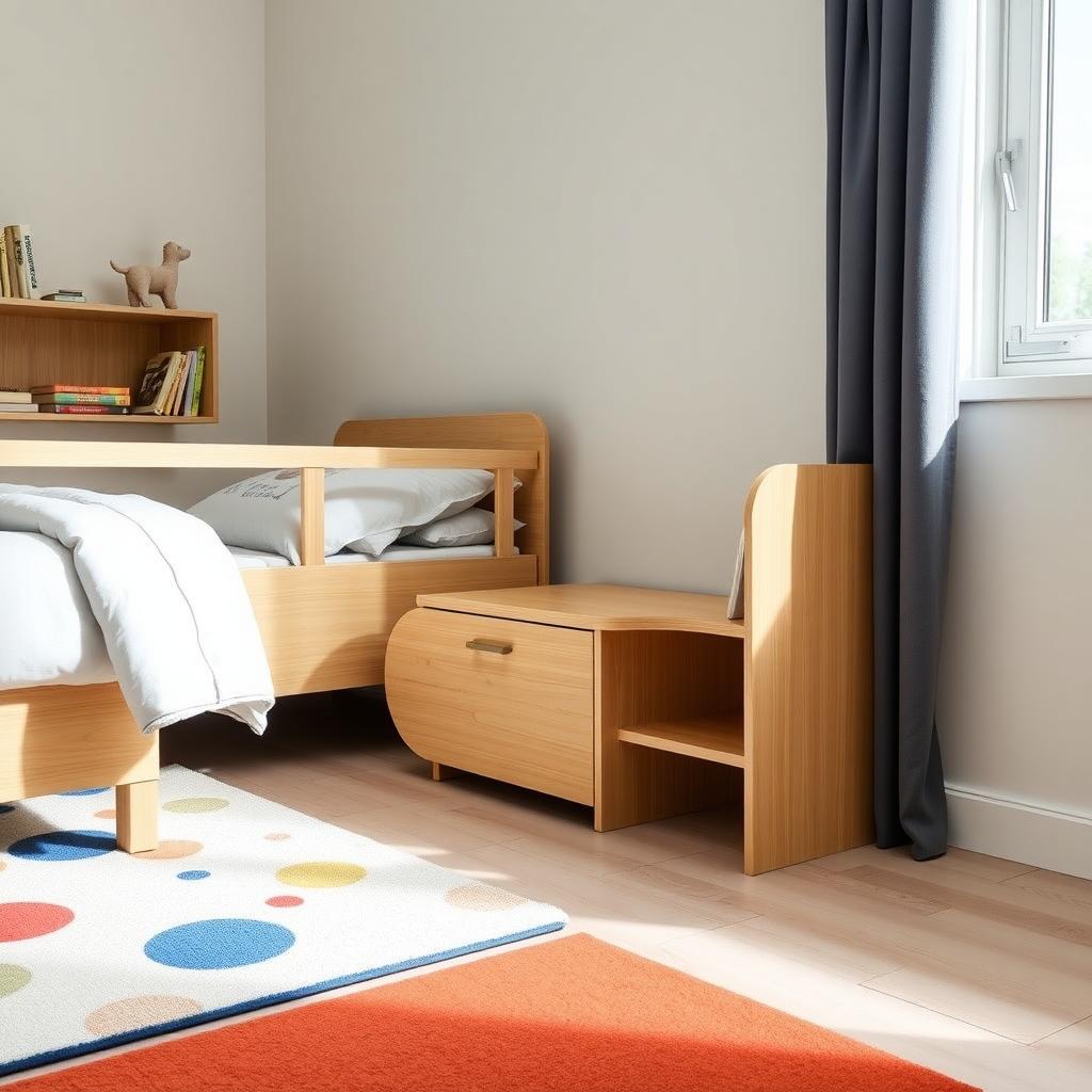 Modern kids’ bedroom with a low nightstand, toddler bed, and secured bookshelf.