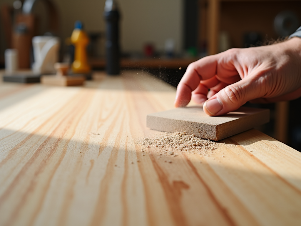 A person sanding a wooden surface in a workshop, preparing it for finishing.