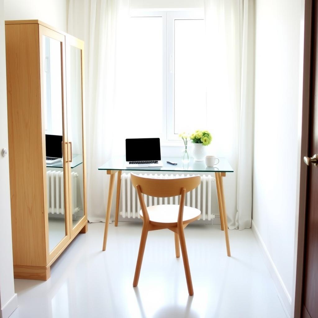 A tiny office with a glass-top desk, light oak chair, and mirrored cabinet, reflecting natural light to create a spacious, minimalist feel.