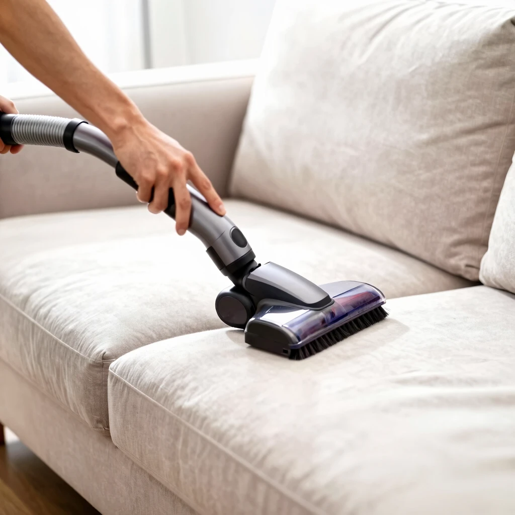 Person vacuuming upholstered sofa with brush attachment