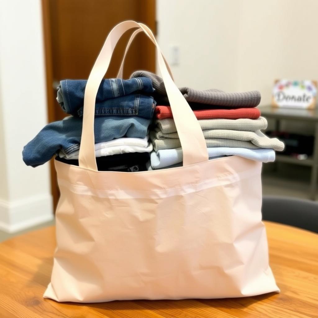 A reusable tote bag filled with neatly folded clothes for donation on a wooden table.