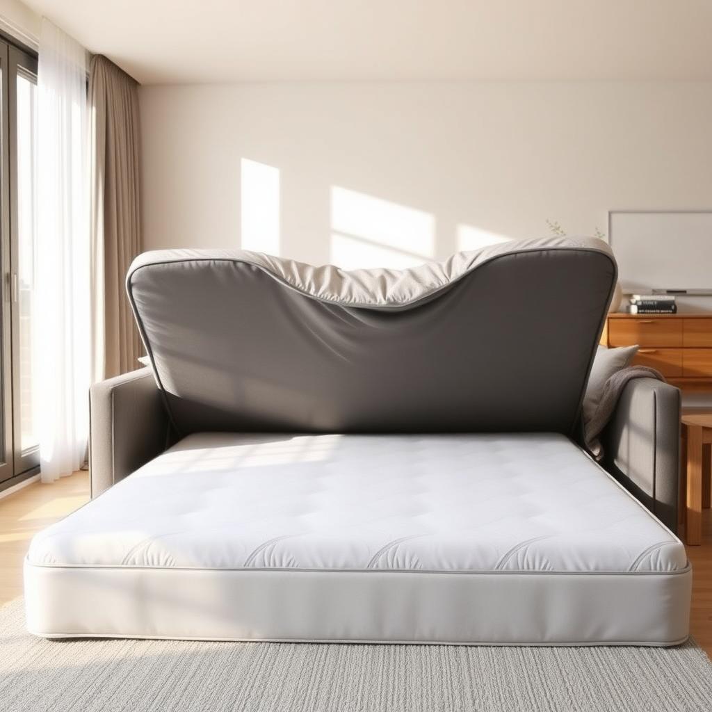 A modern sofa bed with a memory foam mattress unfolded in a cozy living room.