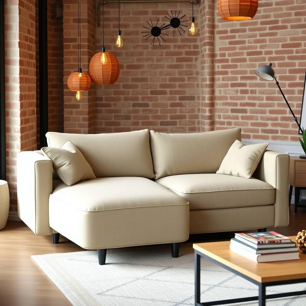 Modular beige love seat unfolded in urban apartment