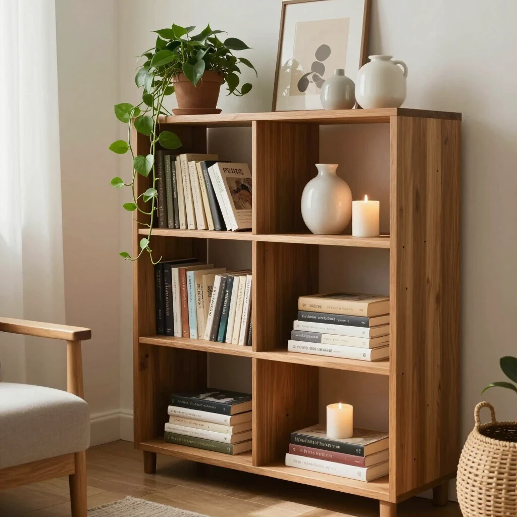 Cozy wooden bookshelf styled with plants, books, and vases in a welcoming living room