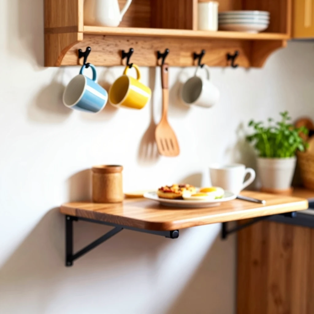 Under-cabinet hooks and fold-down table enhancing storage in a small kitchen