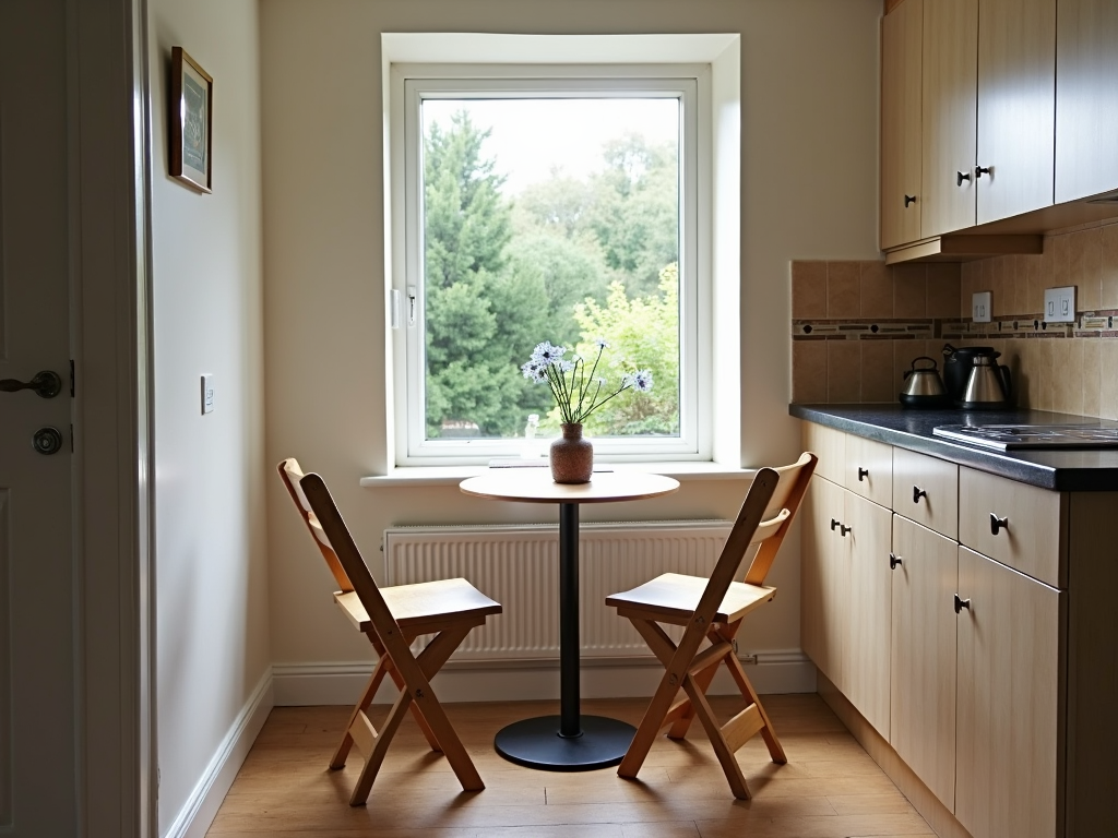A charming dining area in a small kitchen.