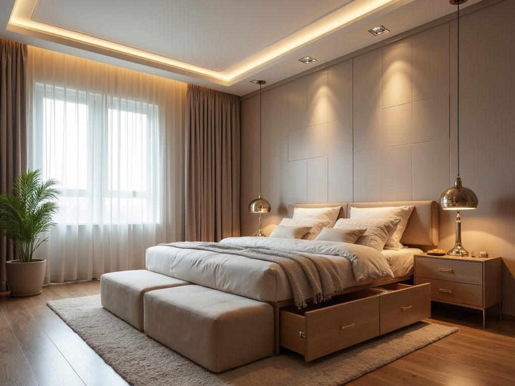 A bedroom with multi-functional furniture for storage and organization.