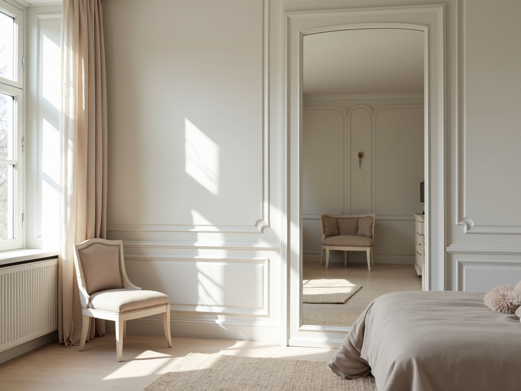 Small bedroom with a large mirror